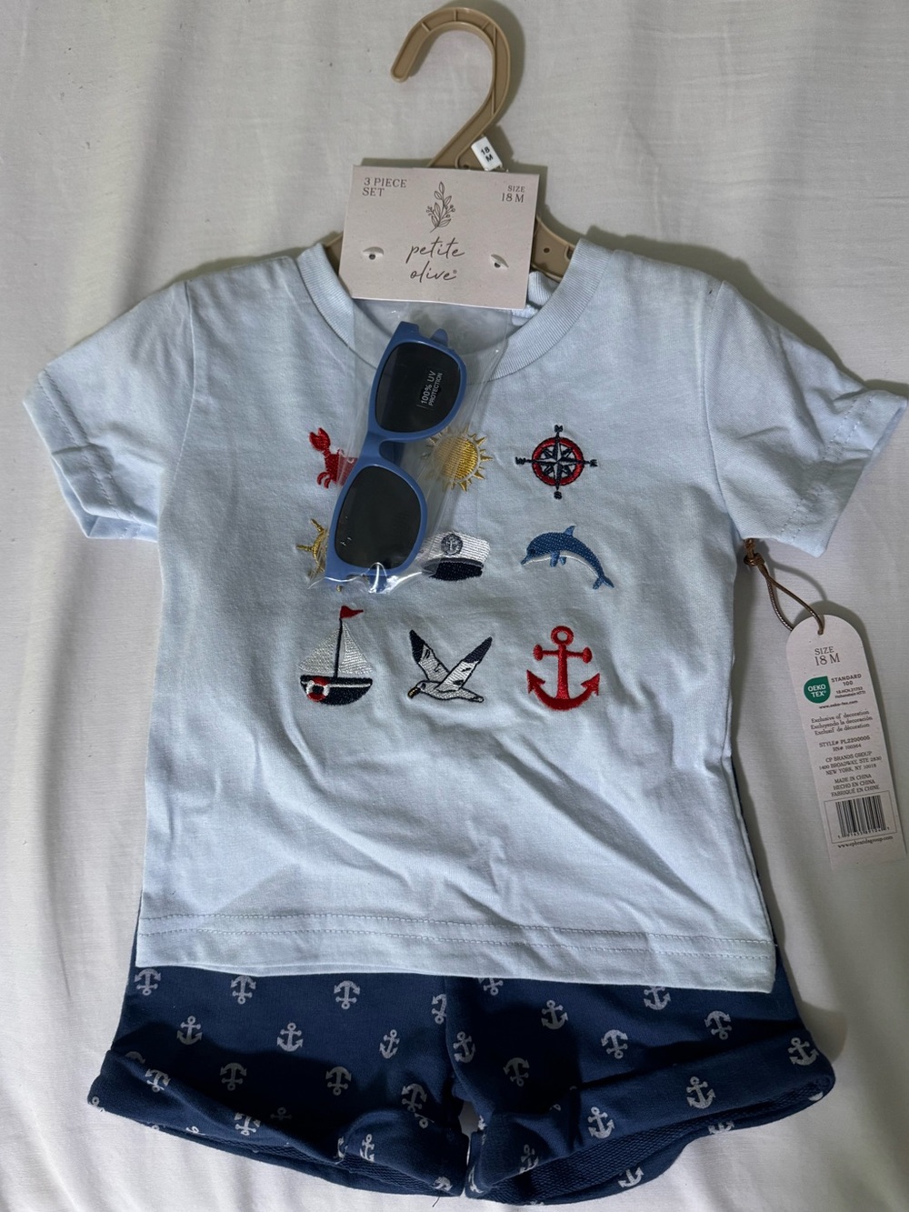 Kids Light Blue Nautical Embroidered Tee with Navy Anchor Shorts